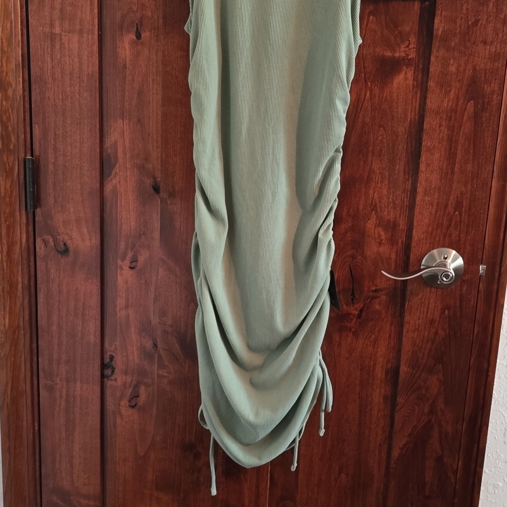 Lulu's Sage Green Ribbed Drawstring Ruched Bodycon Dress NWT - Picture 5 of 10